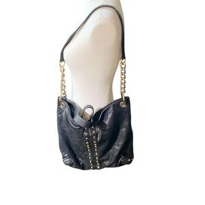 Michael Kors Black Studded Leather Shoulder Bag – Gold Chain‎ Strap Slouchy Tote